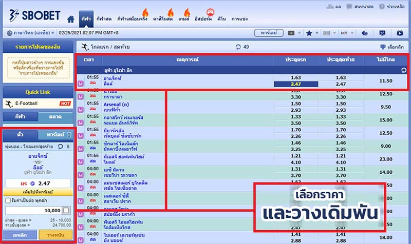 วิธีแทงบอลโกลแรก-สุดท้าย ใน SBOBET